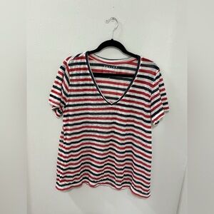 Lucky Brand Red,black & White Striped V-Neck Tee size large